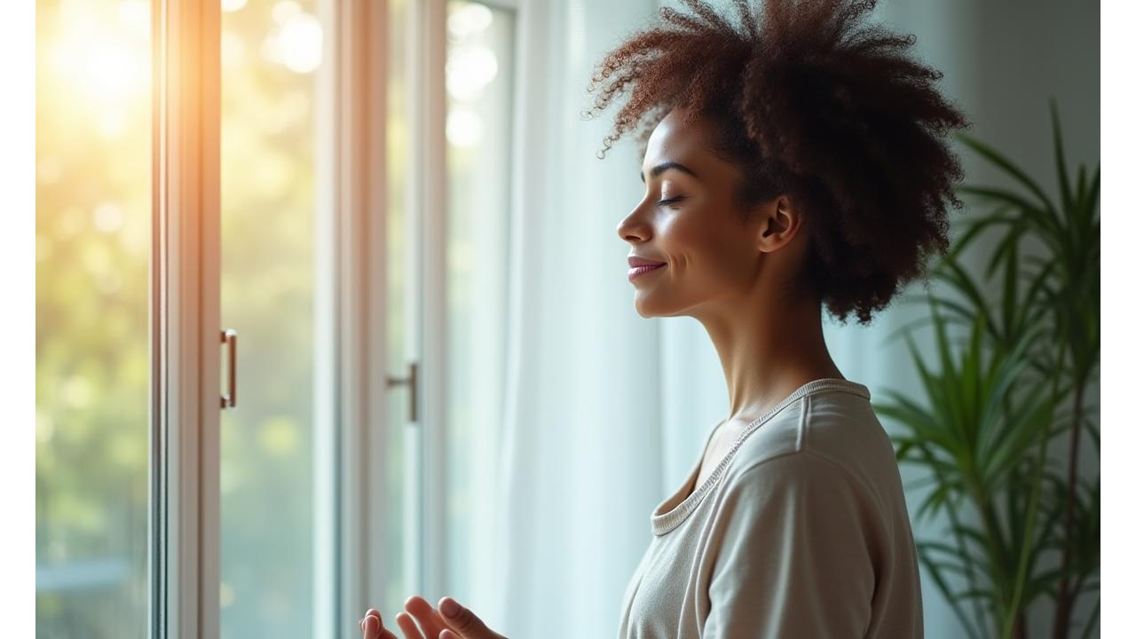 Woman meditating calmly by a window, depicting stress relief and mental health support
